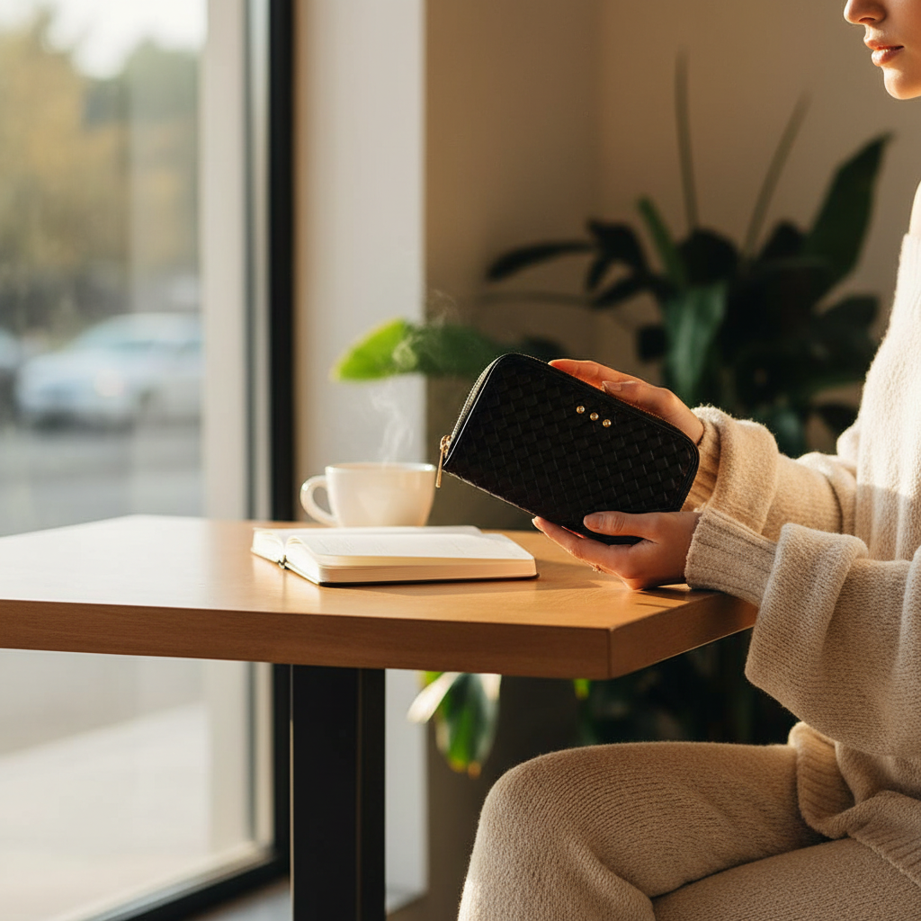 Annie Ks Boutique Lenni large black woven vegan leather zip-around wallet held by a woman at a cafe table.