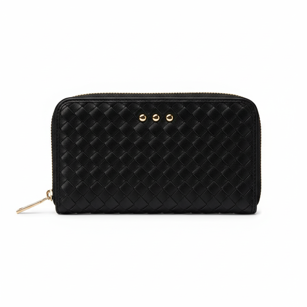 Annie Ks Boutique Lenni large woven black vegan leather zip-around wallet with gold stud accents