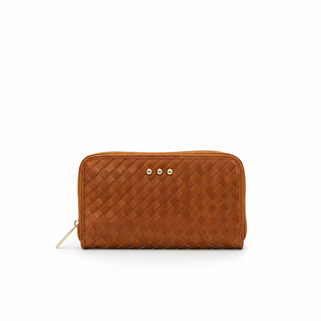 Annie Ks Boutique Lenni large zip-around wallet in brown woven vegan leather with three small gold stud accents.