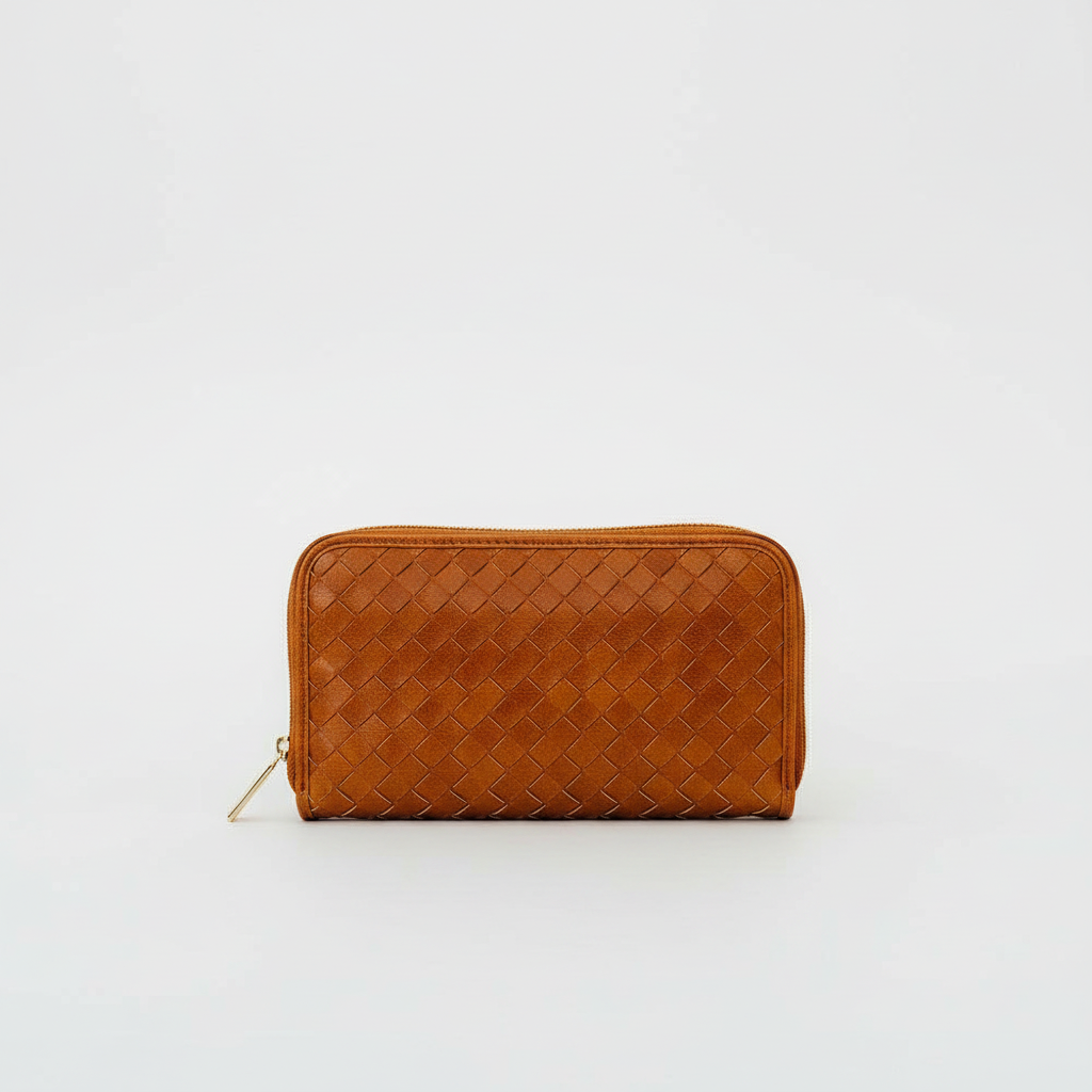Annie Ks Boutique Lenni large zip-around wallet in brown woven vegan leather with a textured finish