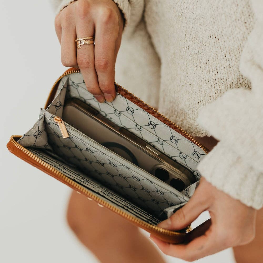 Annie Ks Boutique Lenni large zip-around woven brown vegan leather wallet showing interior card slots and phone storage