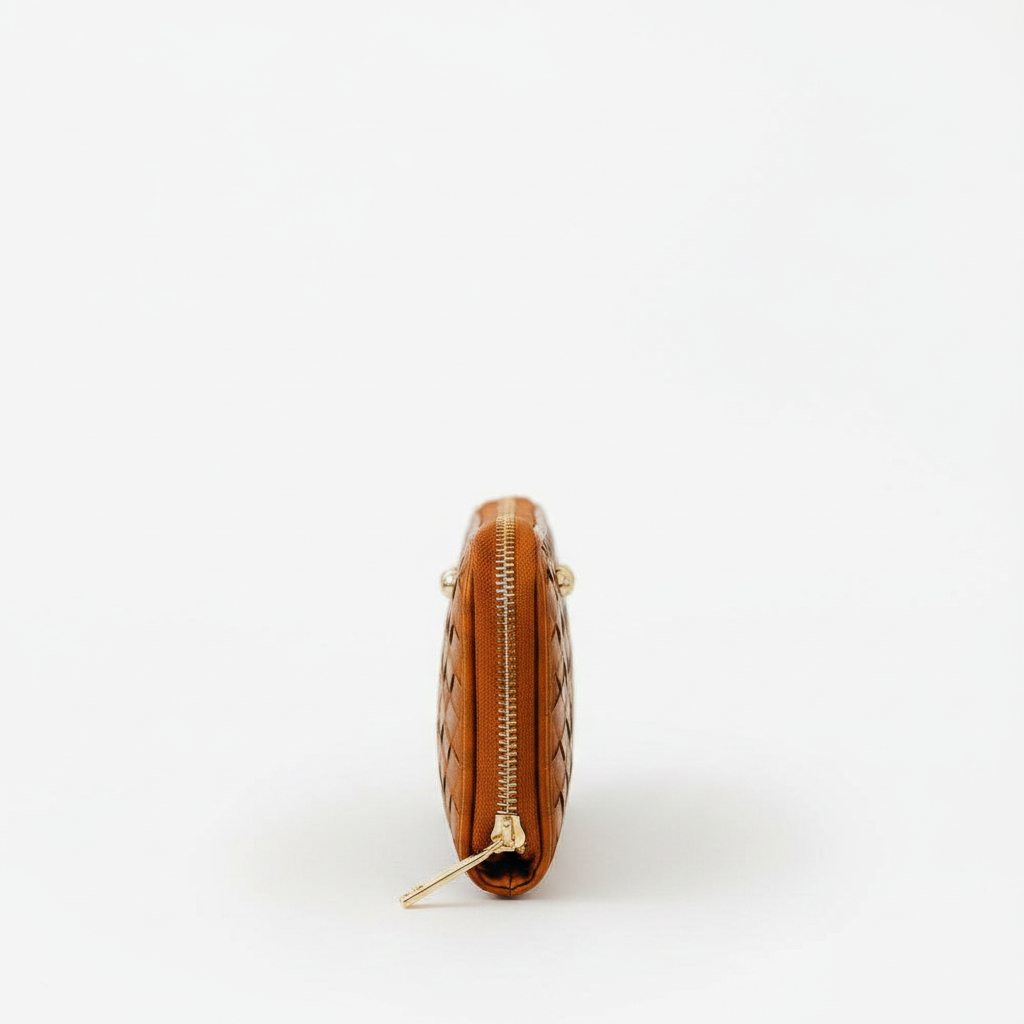Annie Ks Boutique Lenni large zip-around wallet in woven brown vegan leather, shown from the side profile.