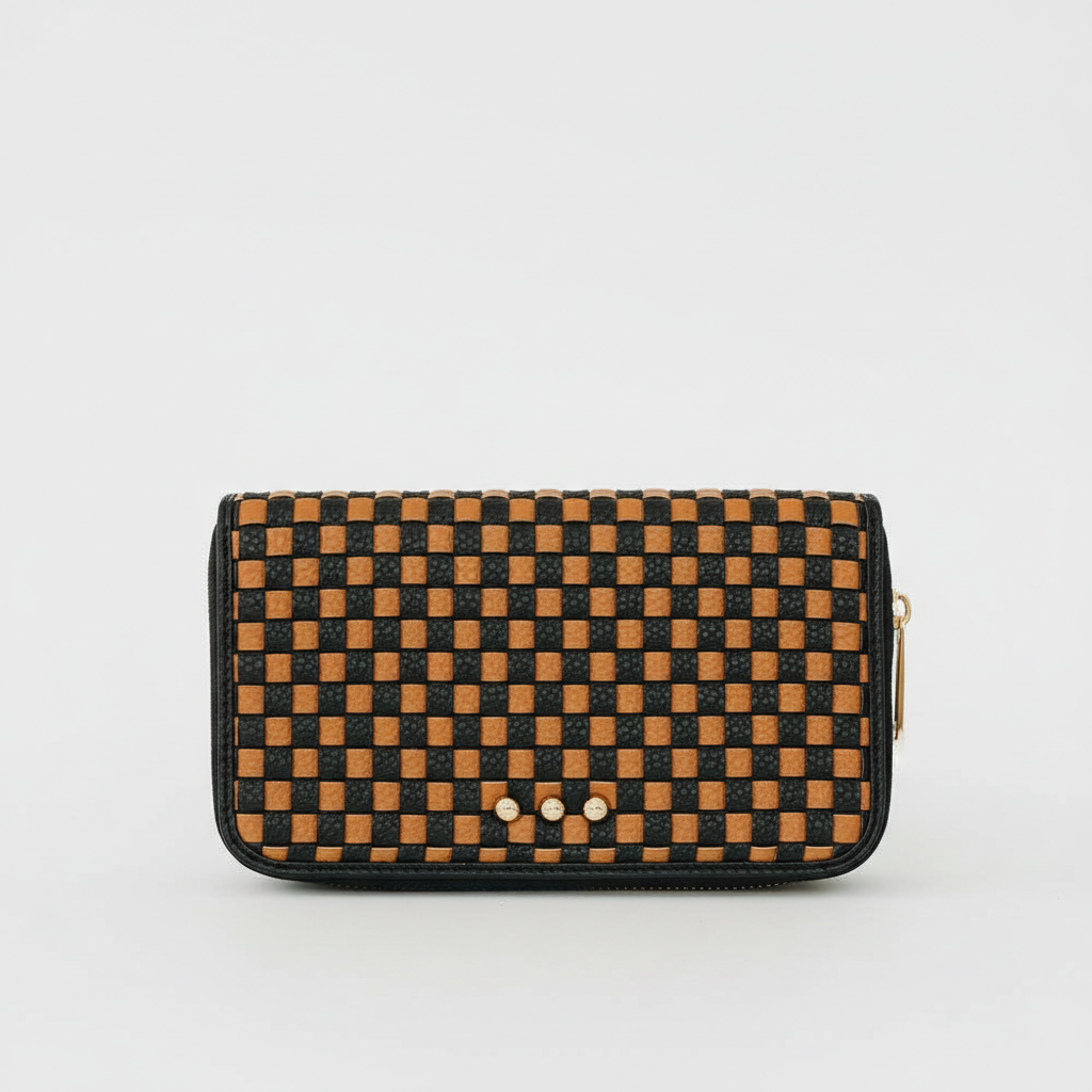 Annie Ks Boutique Lenni large zip-around wallet in woven checkered coffee vegan leather with gold stud accents.
