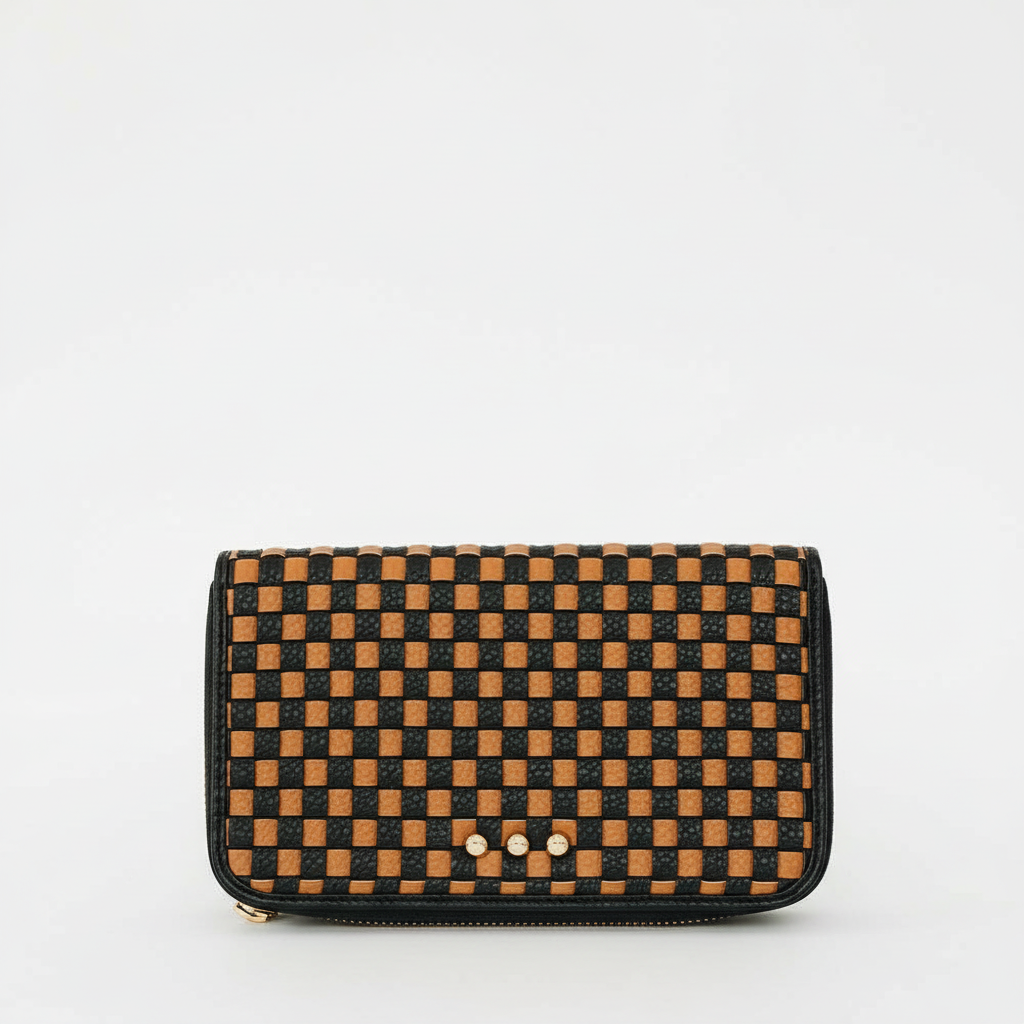 Annie Ks Boutique Lenni large zip wallet in woven checkered coffee vegan leather with a gold stud detail.
