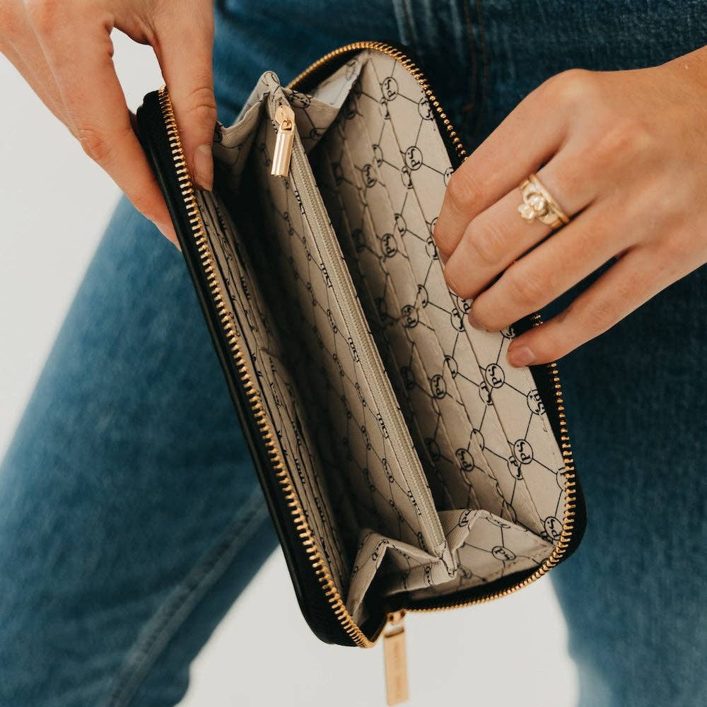 Annie Ks Boutique Lenni large zip wallet in coffee brown woven vegan leather showing the spacious interior compartments