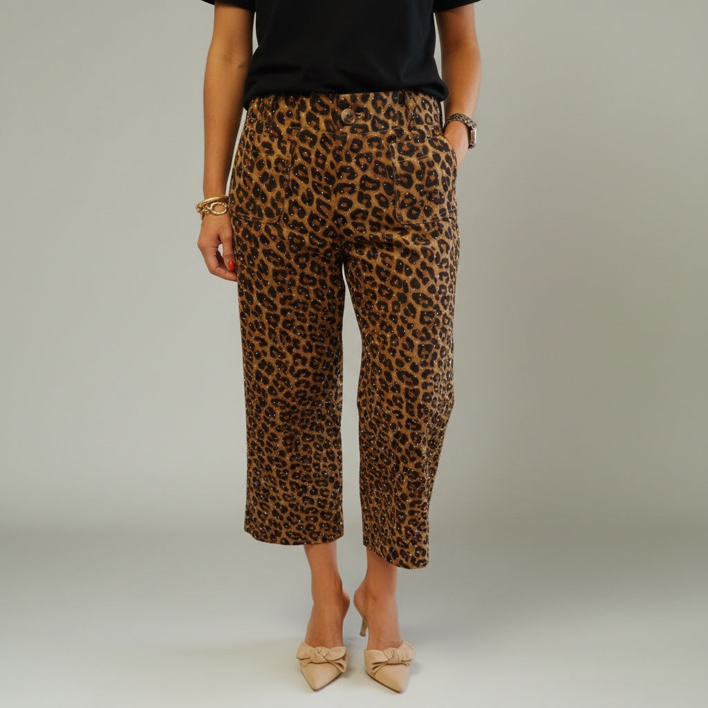 Annie Ks Boutique leopard print cropped cotton pants with subtle rhinestone embellishments and a tailored waistline.