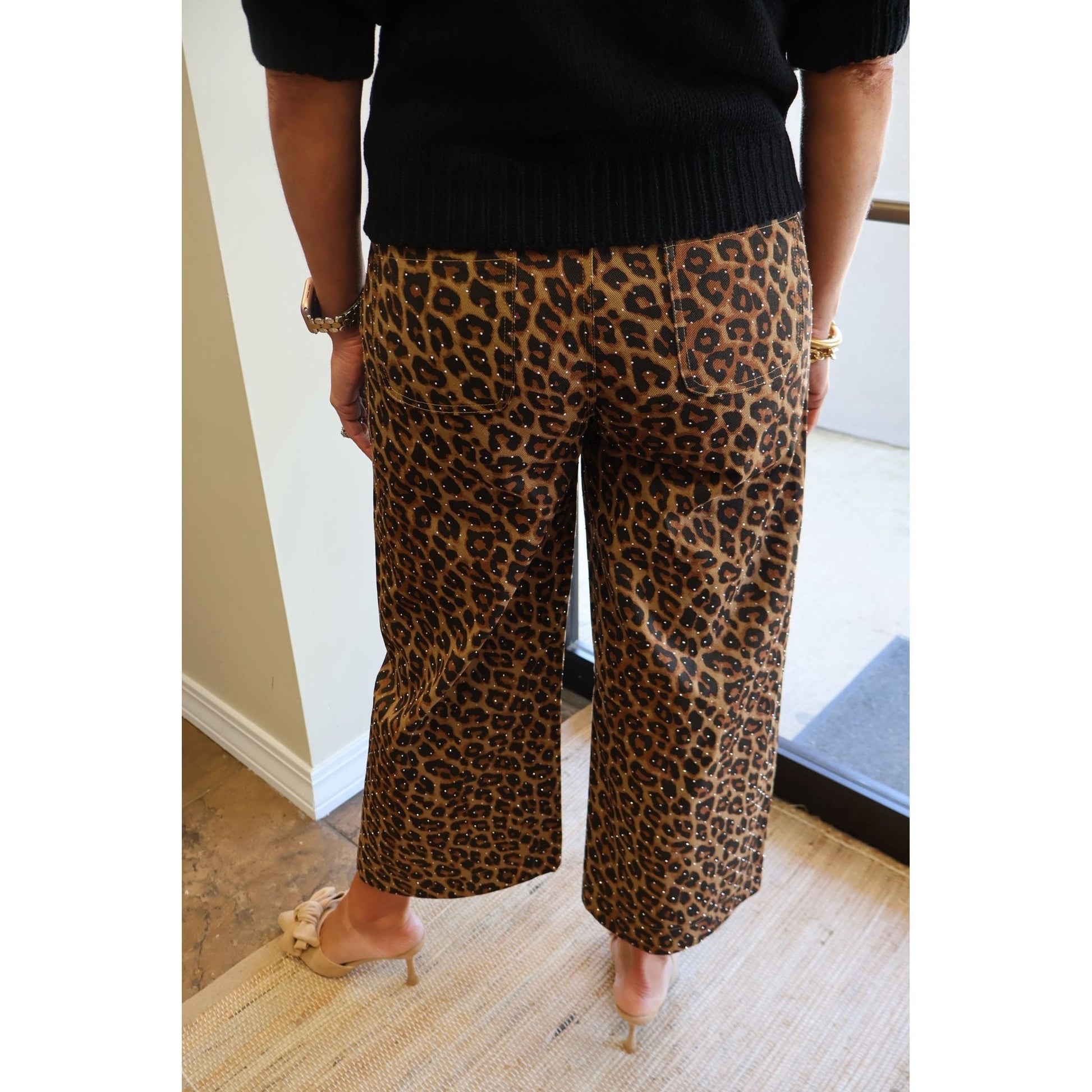 Annie Ks Boutique leopard print cropped cotton pants with subtle rhinestone embellishments, back view on model