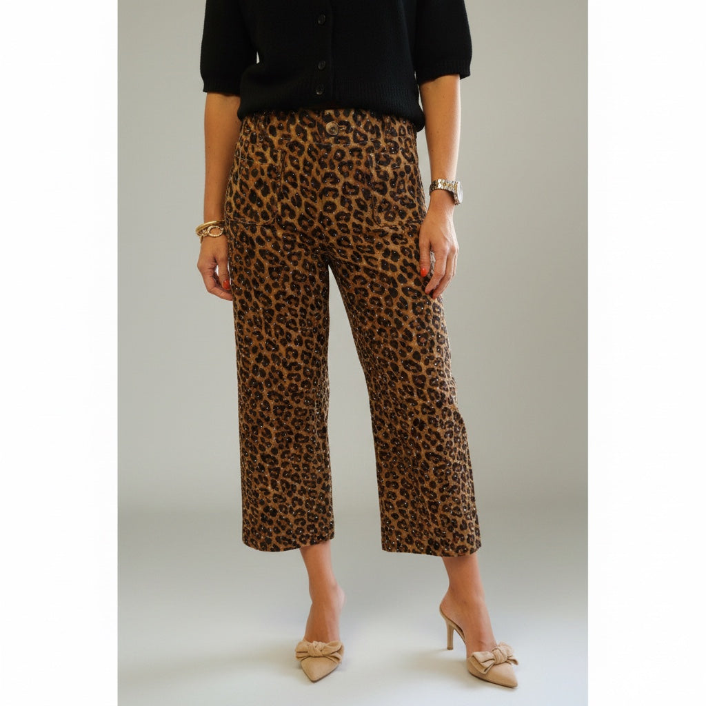 Annie Ks Boutique mocha leopard print cropped cotton pants with subtle rhinestone embellishments on a model