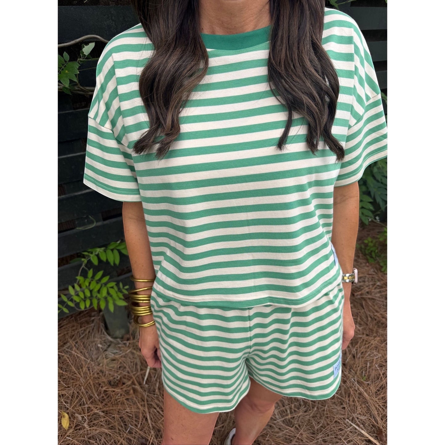 Annie Ks Boutique lime green and white striped cotton blend short set with a relaxed fit and crew neck top.
