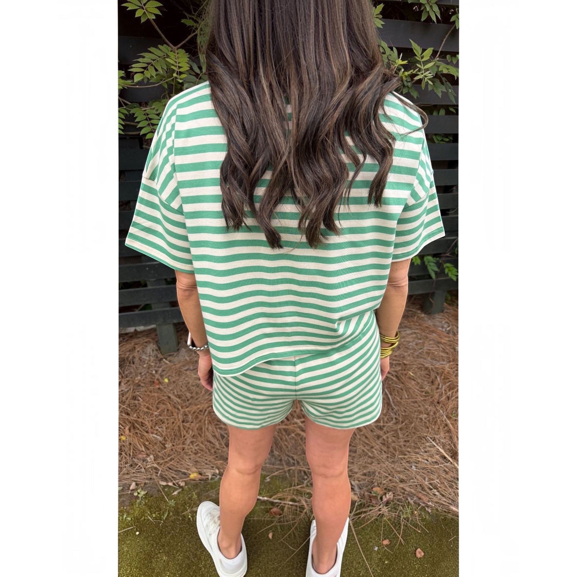 Annie Ks Boutique lime green and white striped cotton blend short set with a relaxed fit, viewed from the back.