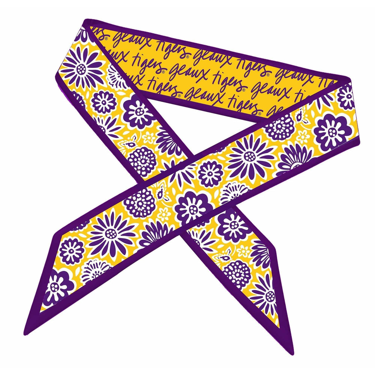 Annie Ks Boutique LSU Tigers reversible satin skinny scarf featuring purple and yellow floral and text print