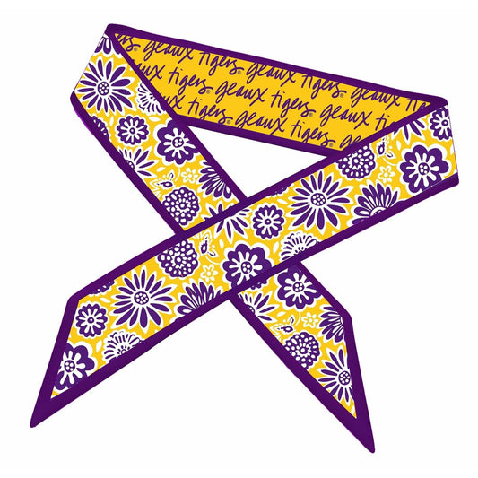 Annie Ks Boutique LSU Tigers reversible satin skinny scarf featuring purple and yellow floral and text print