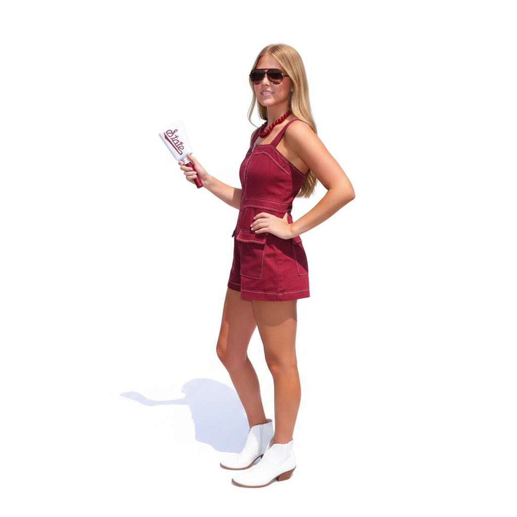 Annie Ks Boutique maroon cotton blend romper with front zipper and flap pocket, styled with white boots and sunglasses.