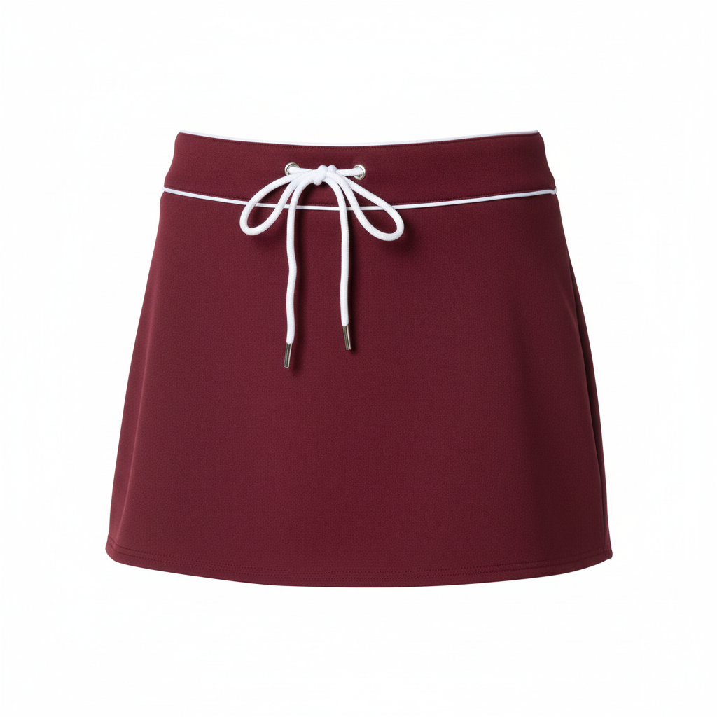 Annie Ks Boutique maroon mini skirt with white contrast piping and an adjustable drawstring waist tie.