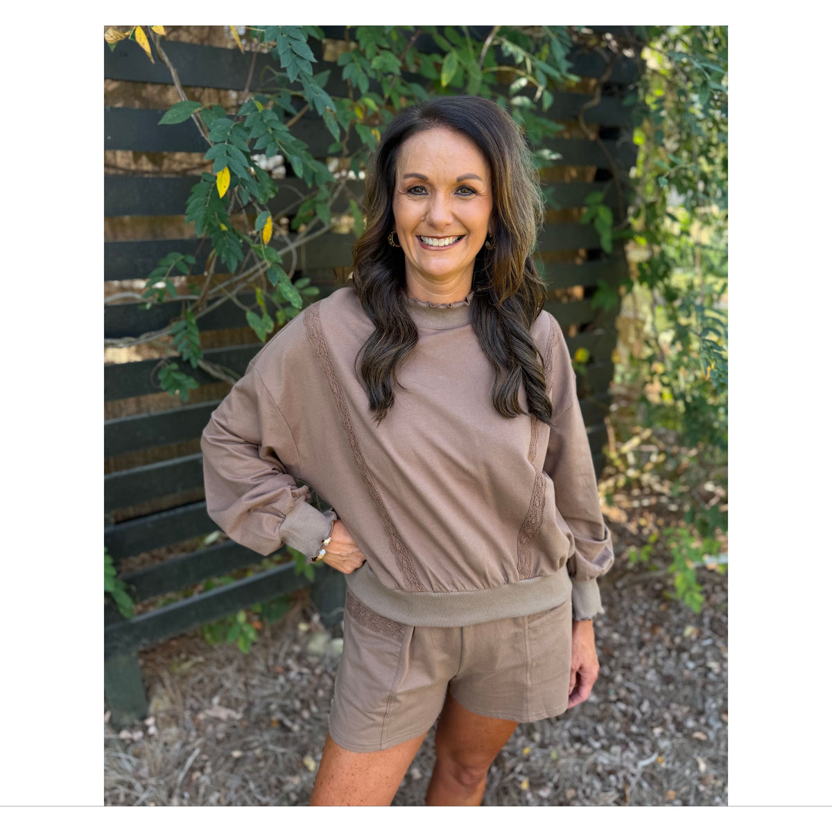Annie Ks Boutique mocha lounge set featuring a cropped sweatshirt with lace trim and matching shorts in a soft blend