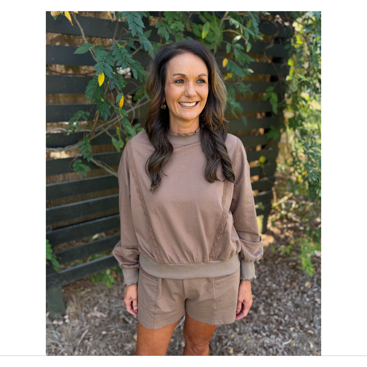 Annie Ks Boutique mocha lounge set featuring a cropped sweatshirt with lace trim and matching shorts in soft cotton