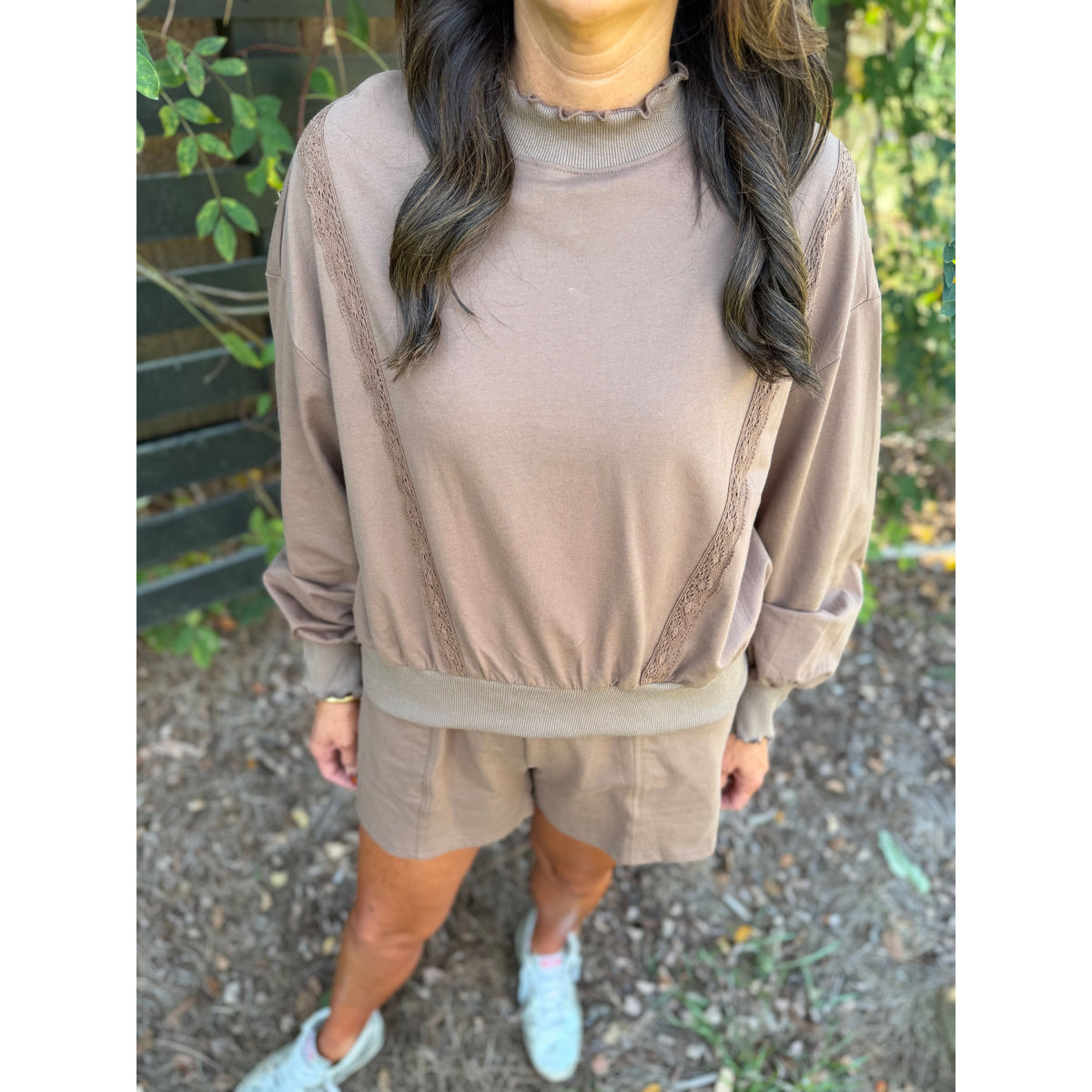 Annie Ks Boutique mocha lounge set with a cropped sweatshirt featuring lace trim and matching drawstring shorts.