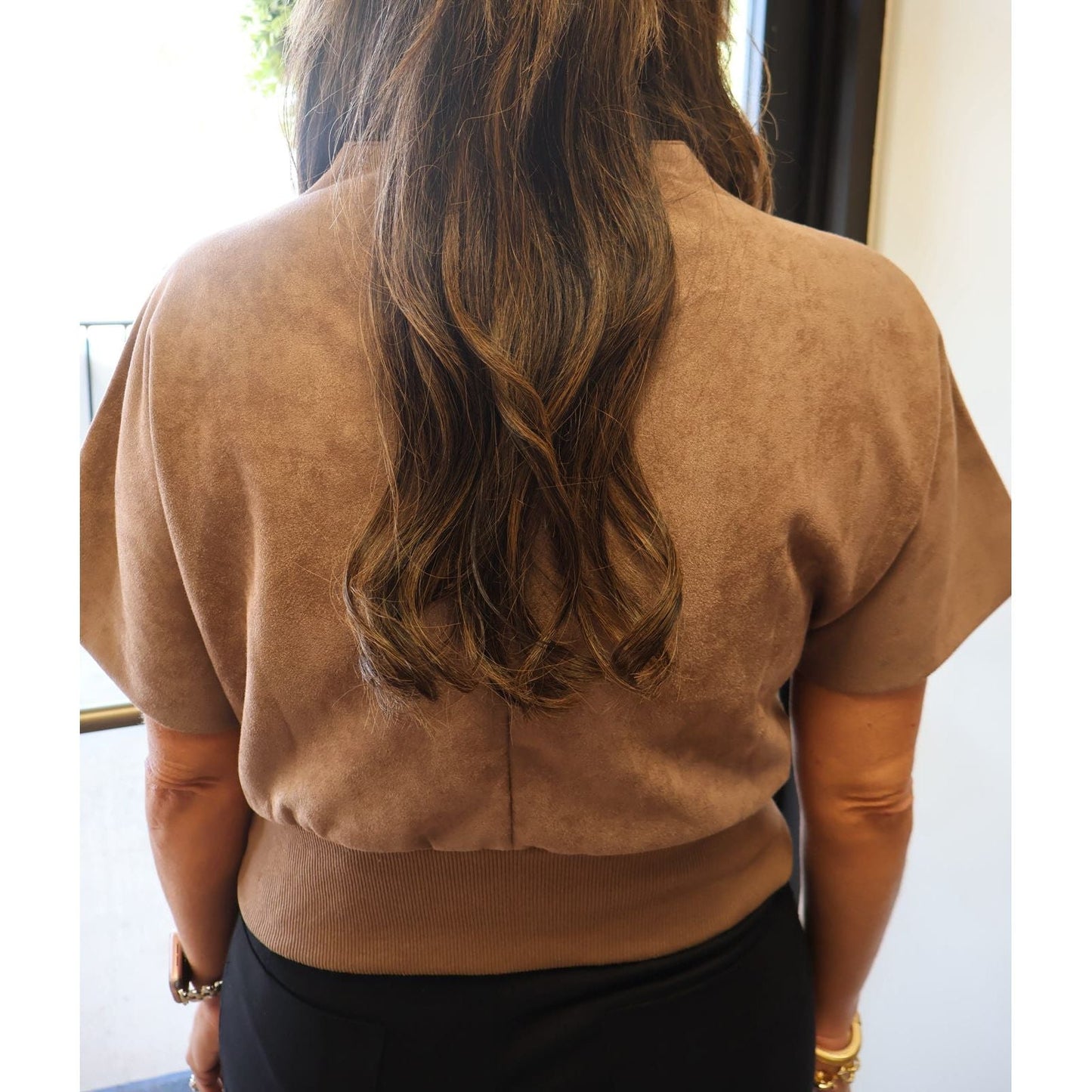 Back view of Annie Ks Boutique mocha suede-look brush mock neck top with short sleeves and ribbed hem
