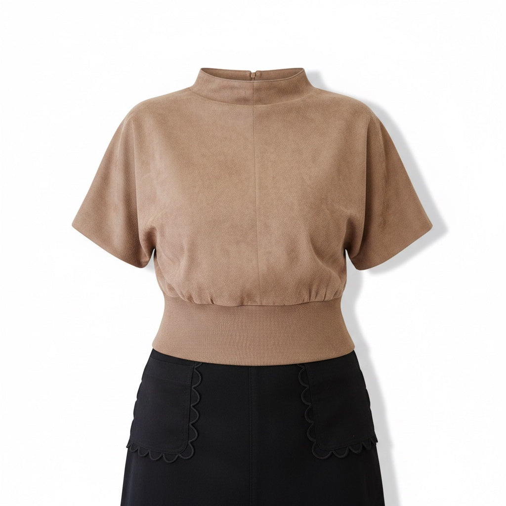 Annie Ks Boutique mocha brown suede-look mock neck top with short sleeves and a fitted ribbed hem.