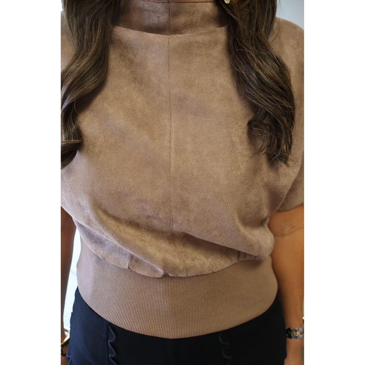 Annie Ks Boutique mocha suede-look mock neck top with a soft brushed texture and ribbed hem worn by a model