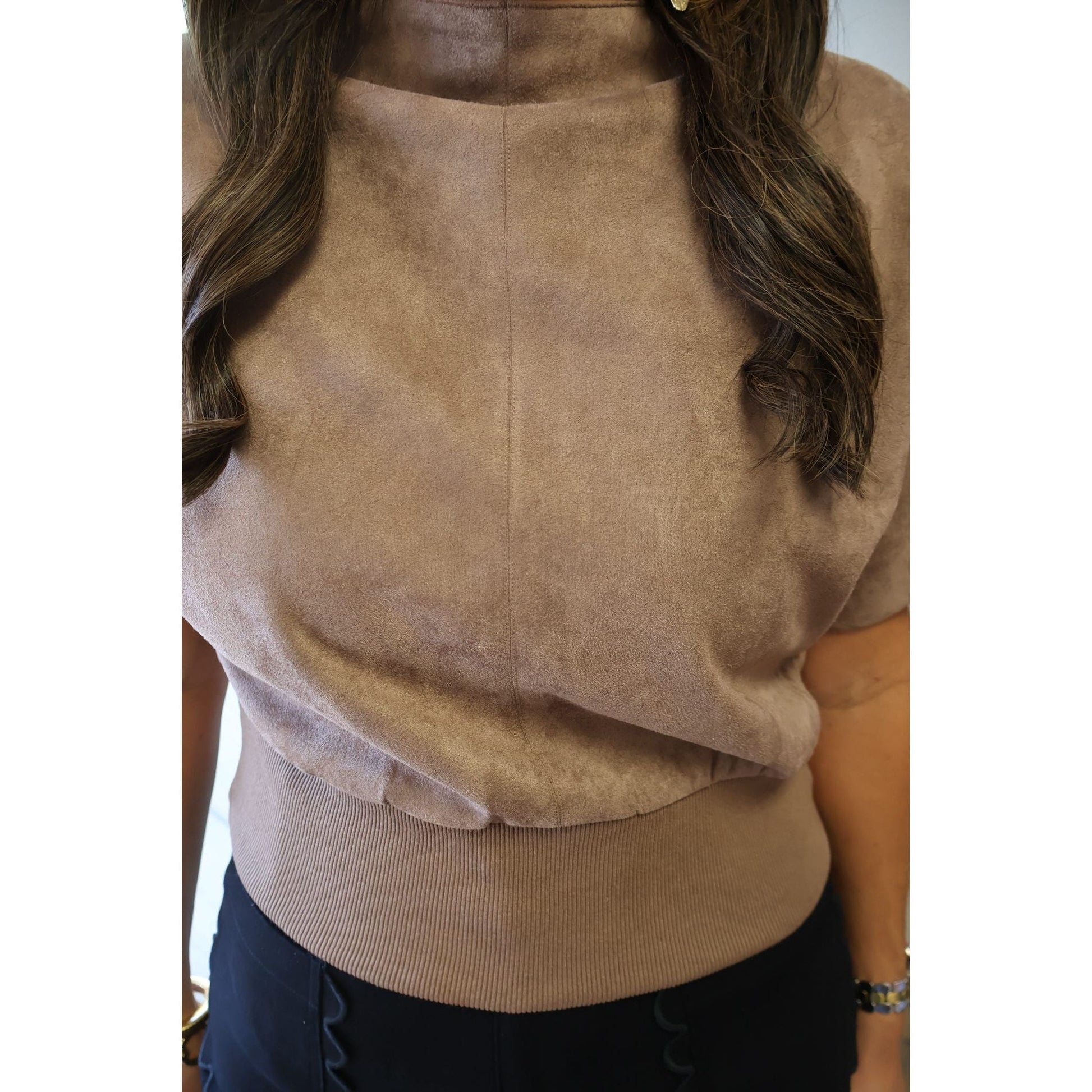 Annie Ks Boutique mocha suede-look mock neck top with a soft brushed texture and ribbed hem worn by a model