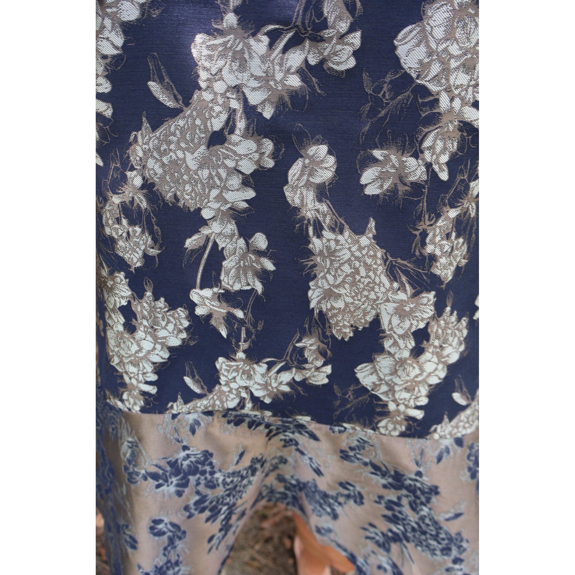 Annie Ks Boutique navy and champagne floral jacquard fabric with textured botanical pattern and ruffle detail