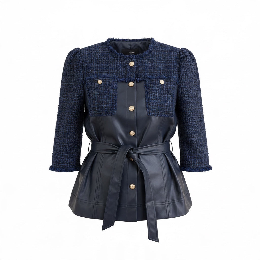 Annie Ks Boutique navy tweed and faux leather belted jacket with fringe trim, gold buttons, and three-quarter sleeves.
