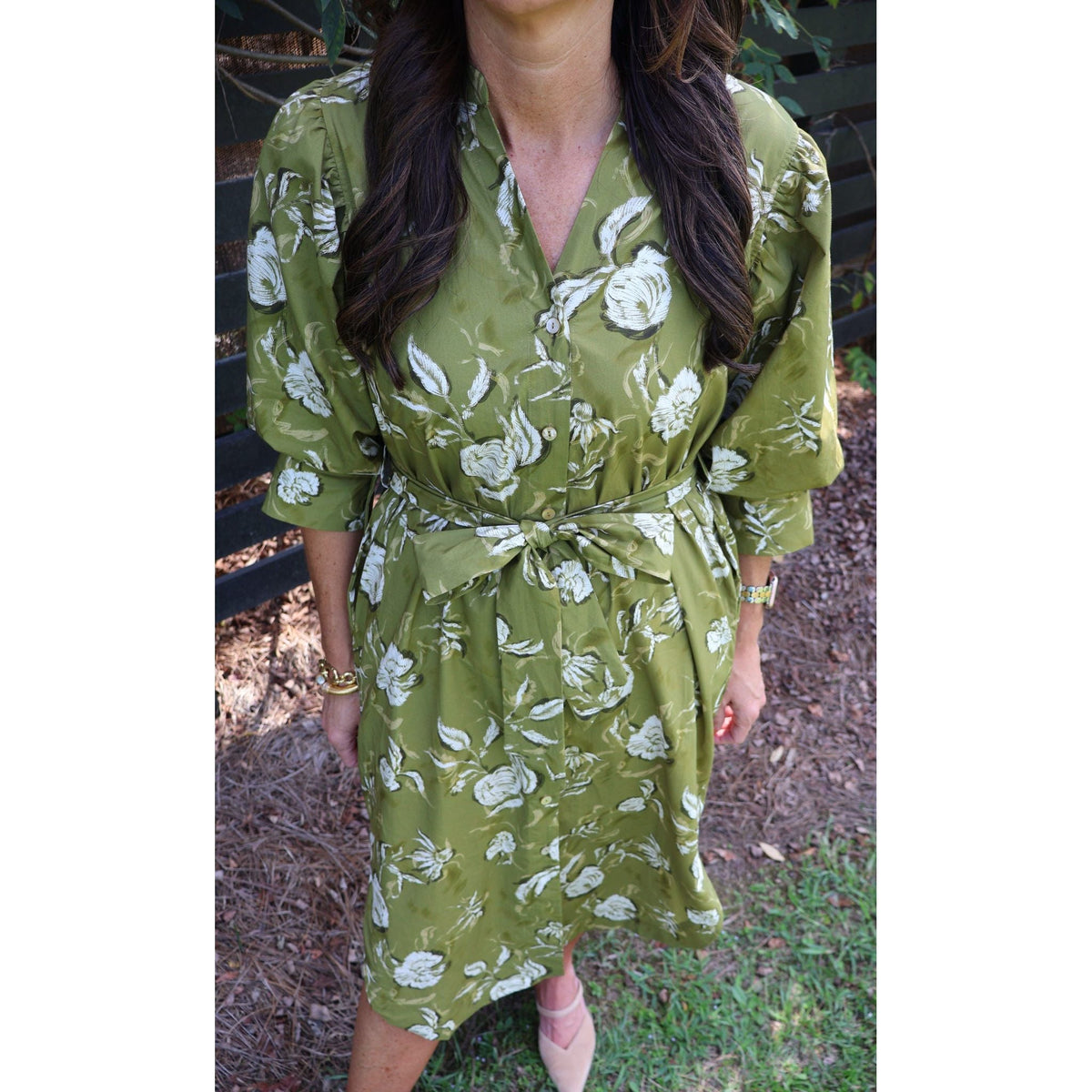 Annie Ks Boutique golden olive floral midi dress with V-neck, half sleeves, and self-tie waist belt in 100% cotton.