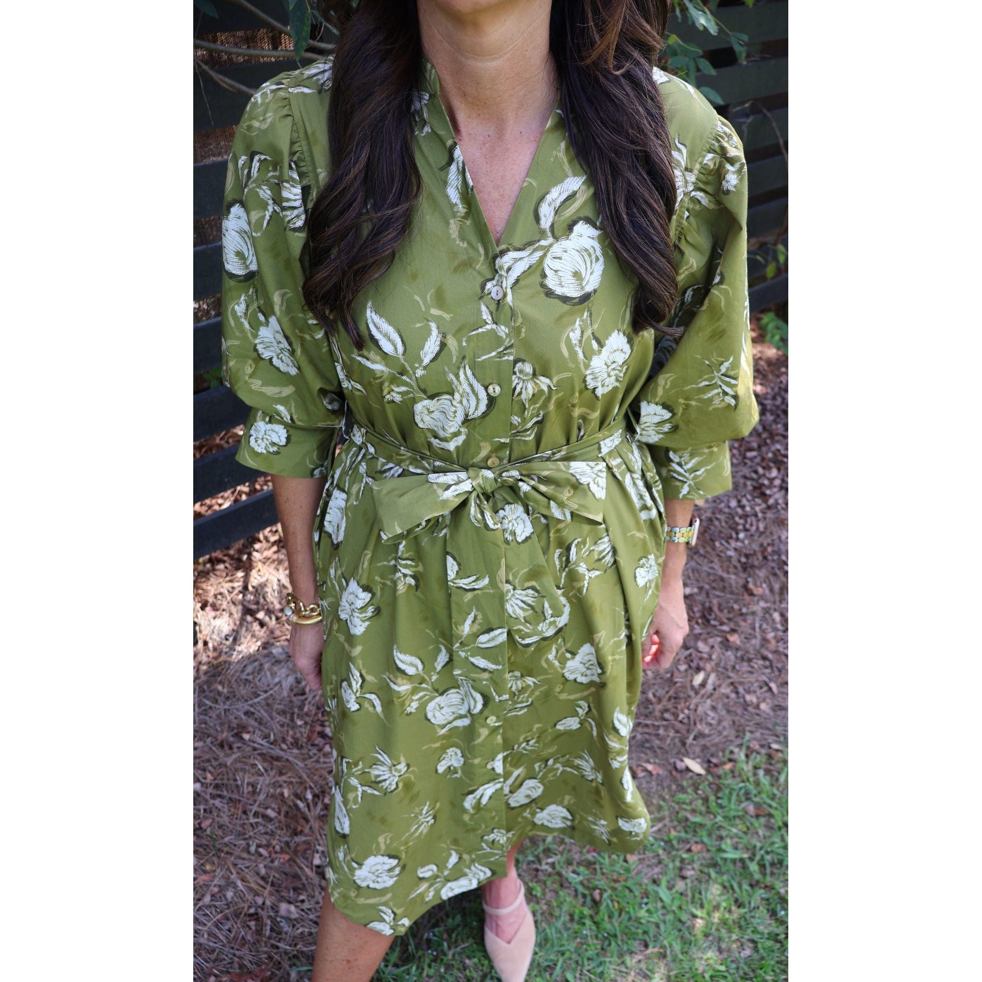 Annie Ks Boutique golden olive floral midi dress with V-neck, half sleeves, and self-tie waist belt in 100% cotton.