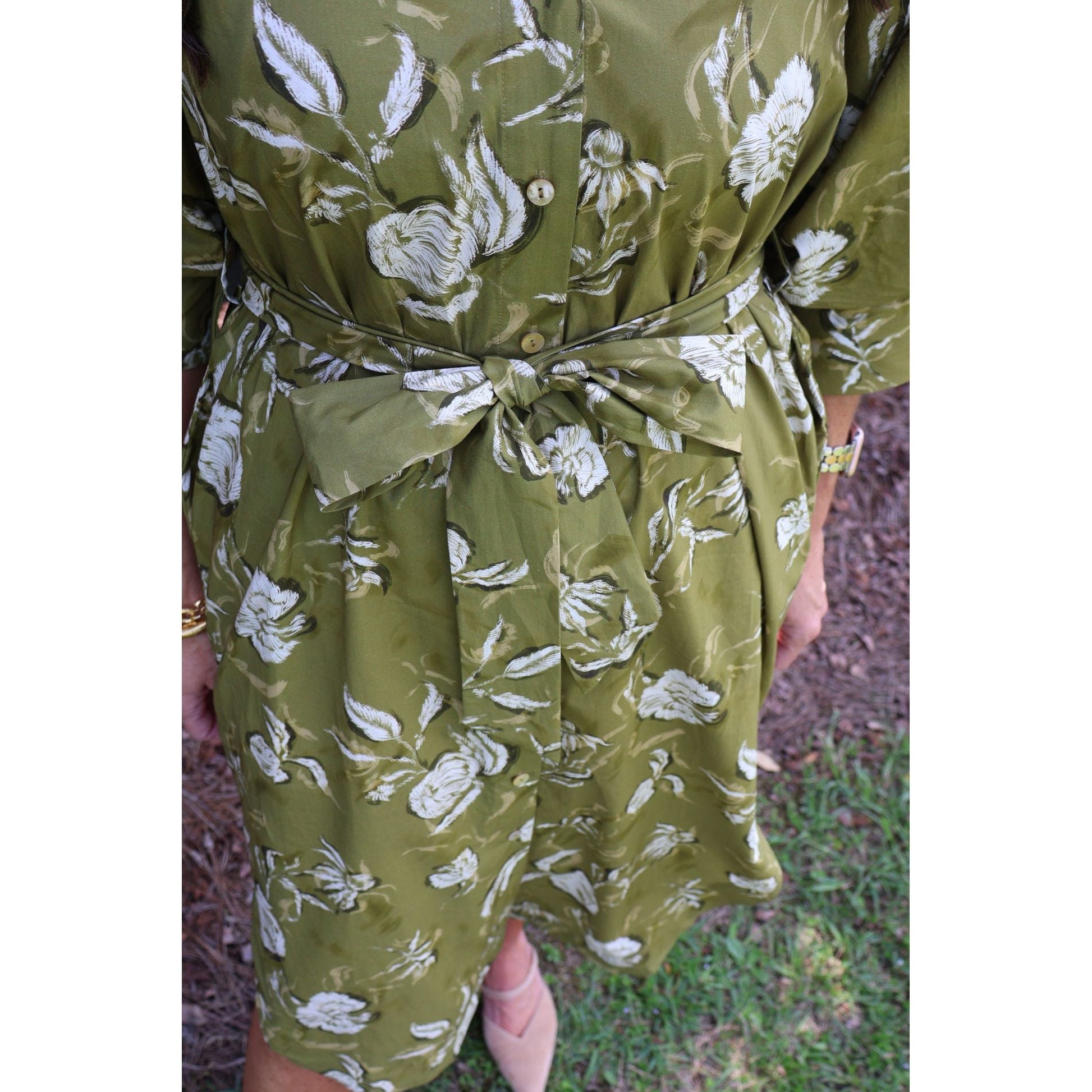 Annie Ks Boutique golden olive cotton midi dress with floral print, button-down front, and a matching self-tie belt.