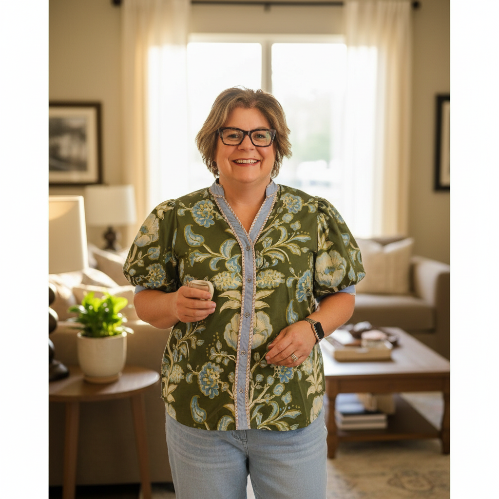 Annie Ks Boutique curvy olive floral puff sleeve cotton top with button front and contrast trim worn by a woman