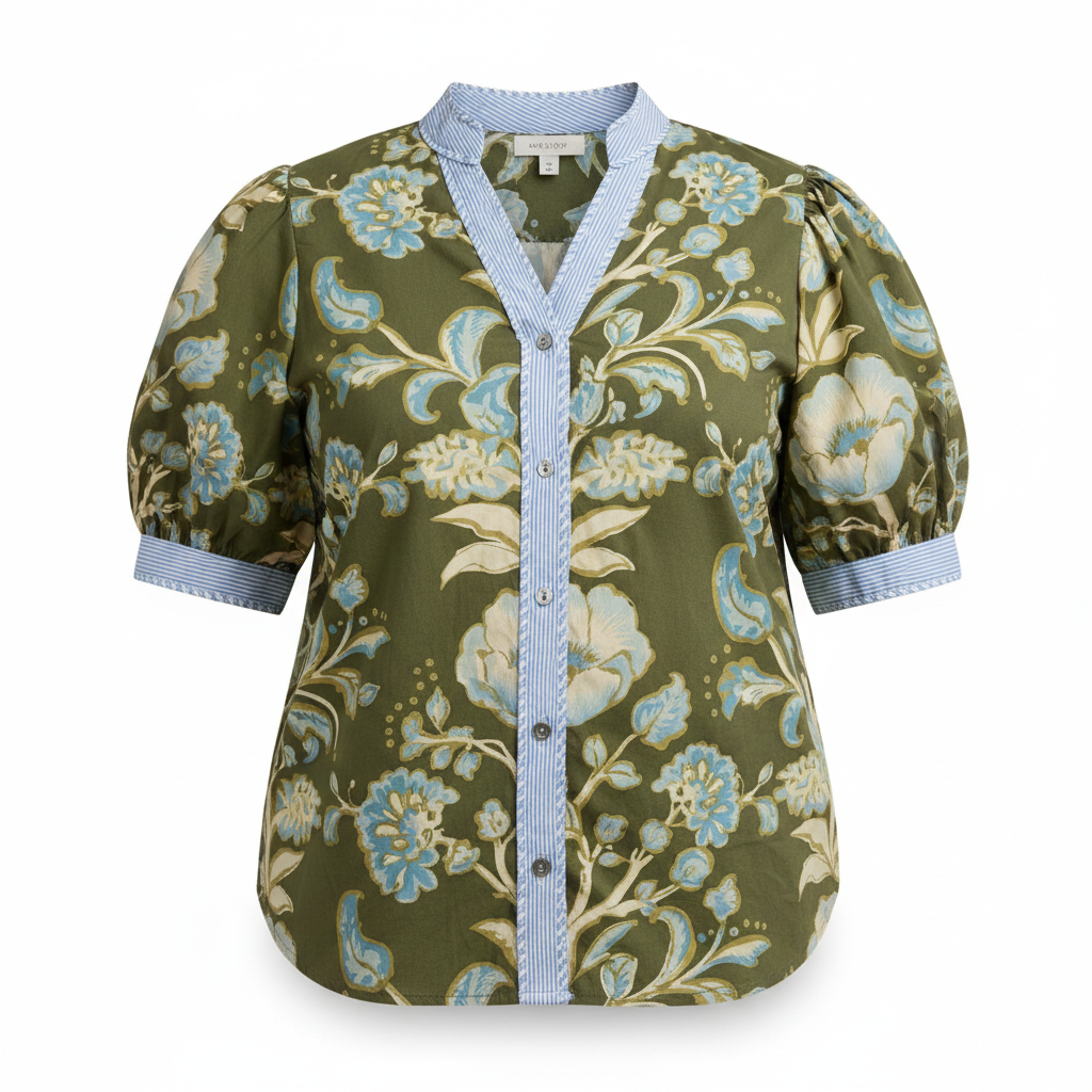 Annie Ks Boutique olive floral cotton top with puff sleeves, button-front closure, and blue striped contrast trim.