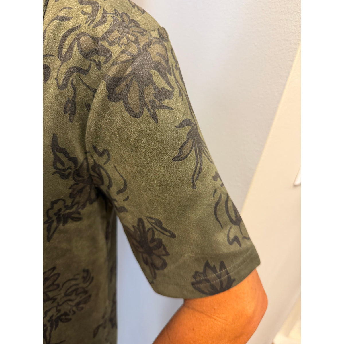 Annie Ks Boutique olive faux suede mini dress sleeve with dark floral pattern and soft textured fabric