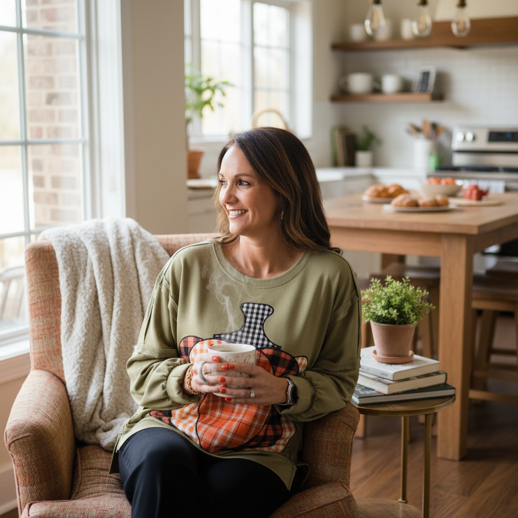Woman wearing an Annie Ks Boutique olive green patchwork pumpkin sweatshirt with plaid details while holding a mug.