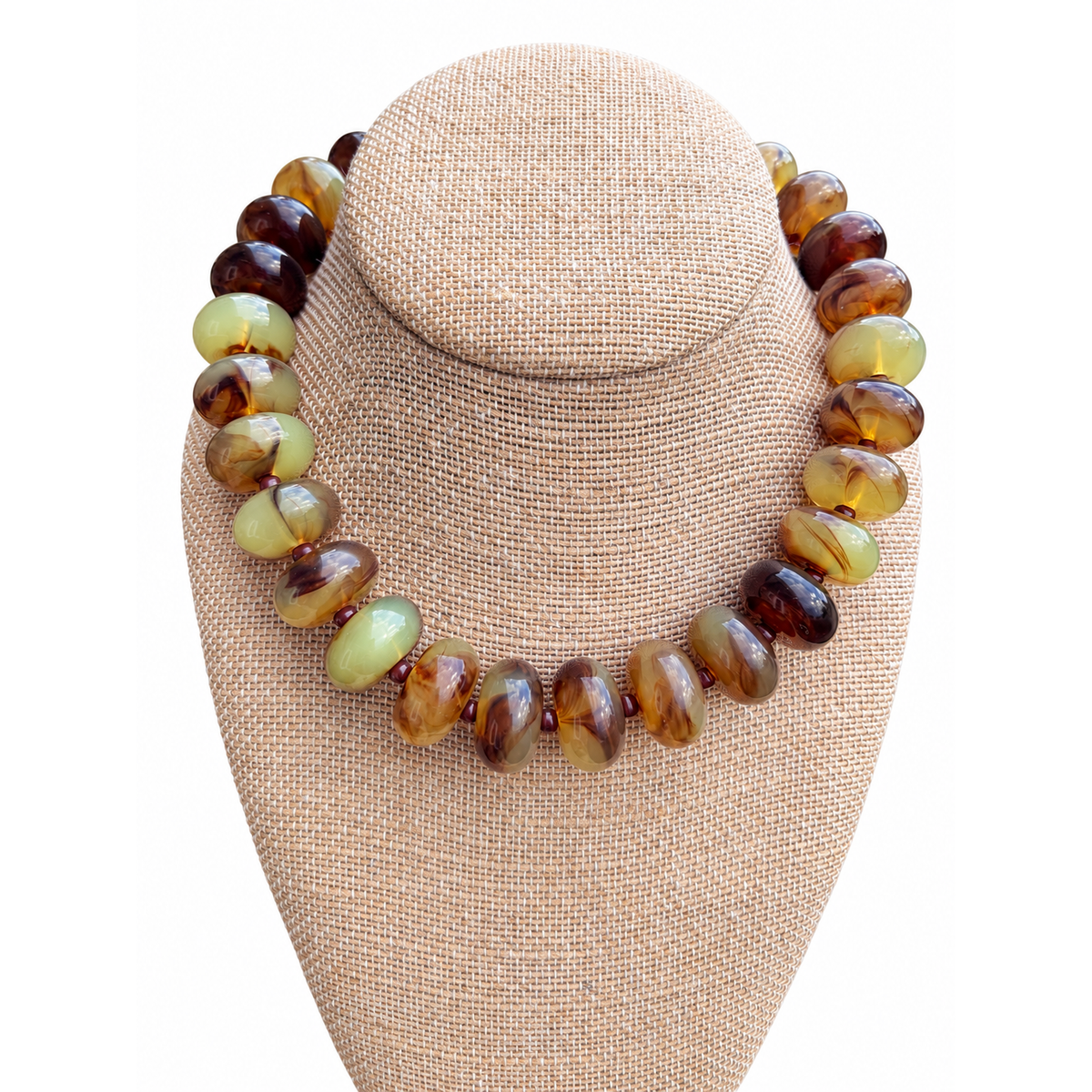 Annie Ks Boutique Olive Toffee Necklace featuring chunky, high-gloss marbled beads in olive, amber, and chocolate brown.
