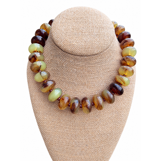 Annie Ks Boutique Olive Toffee Necklace featuring chunky, high-gloss marbled beads in olive, amber, and chocolate brown.