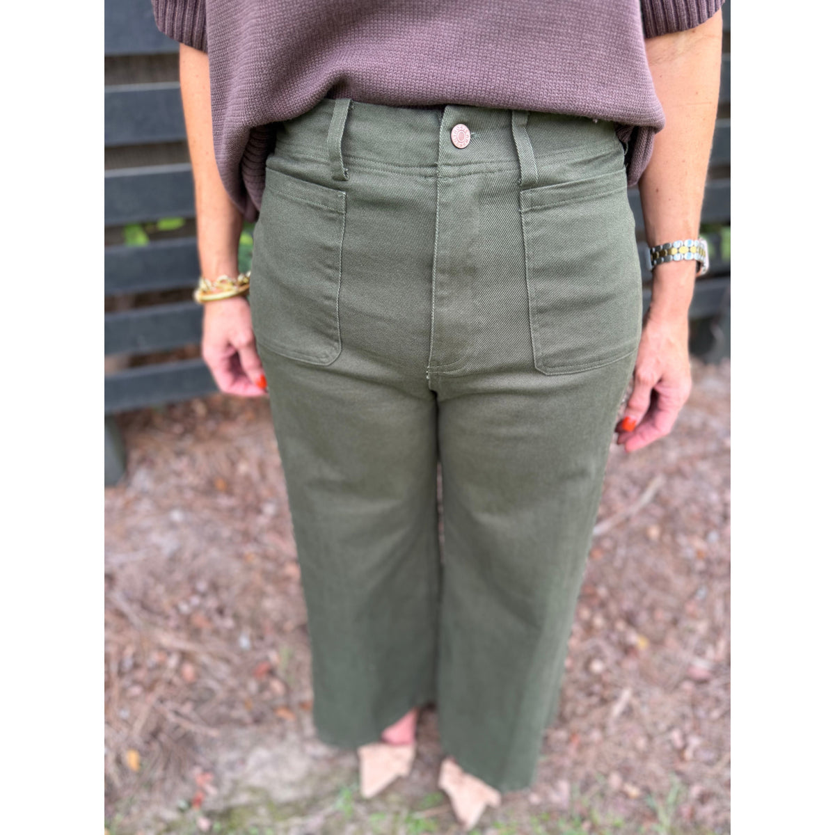 Annie Ks Boutique olive wide-leg trousers with front patch pockets, zip-fly closure, and a comfortable cotton blend.