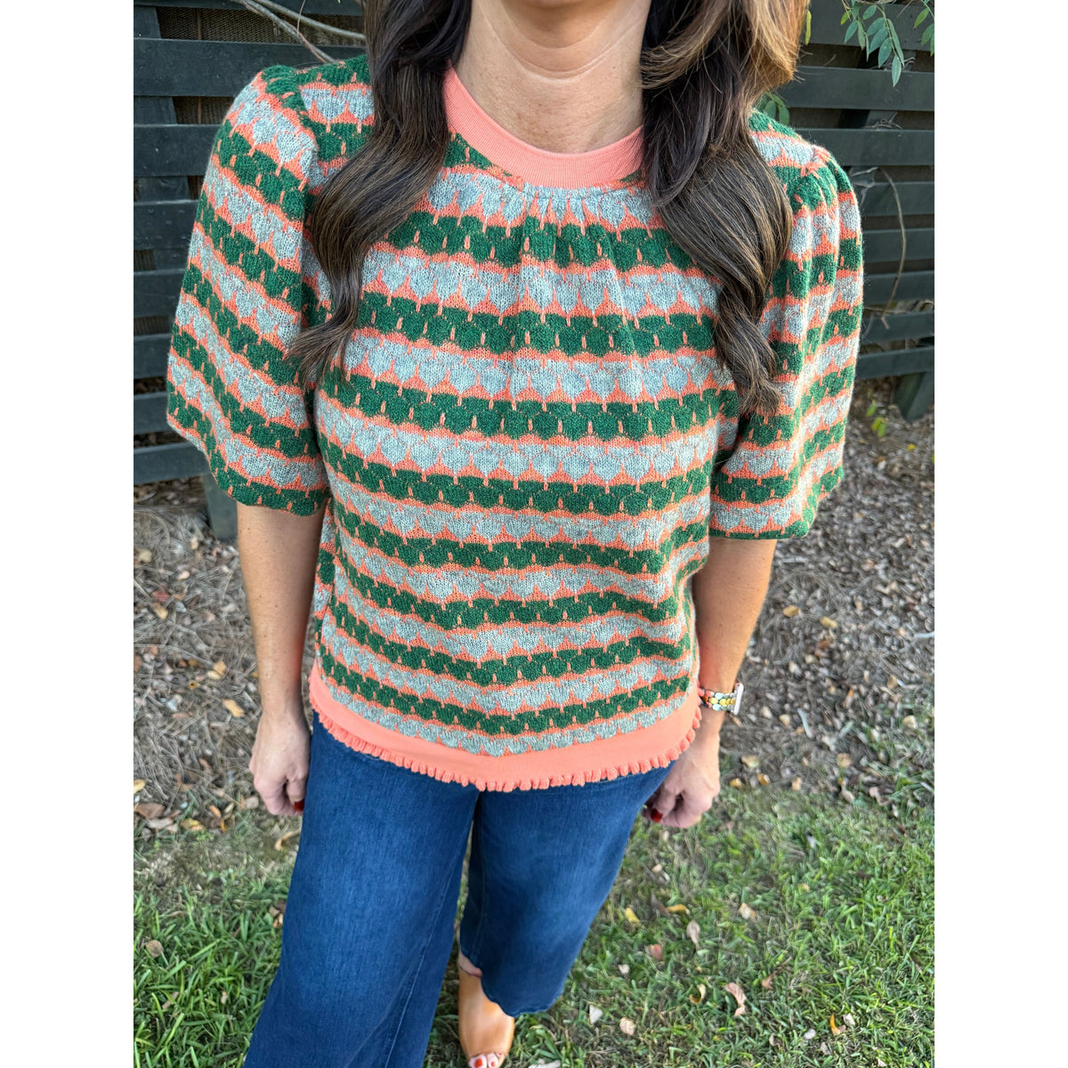 Annie Ks Boutique orange and green geometric stripe knit top with short bubble sleeves and ribbed trim
