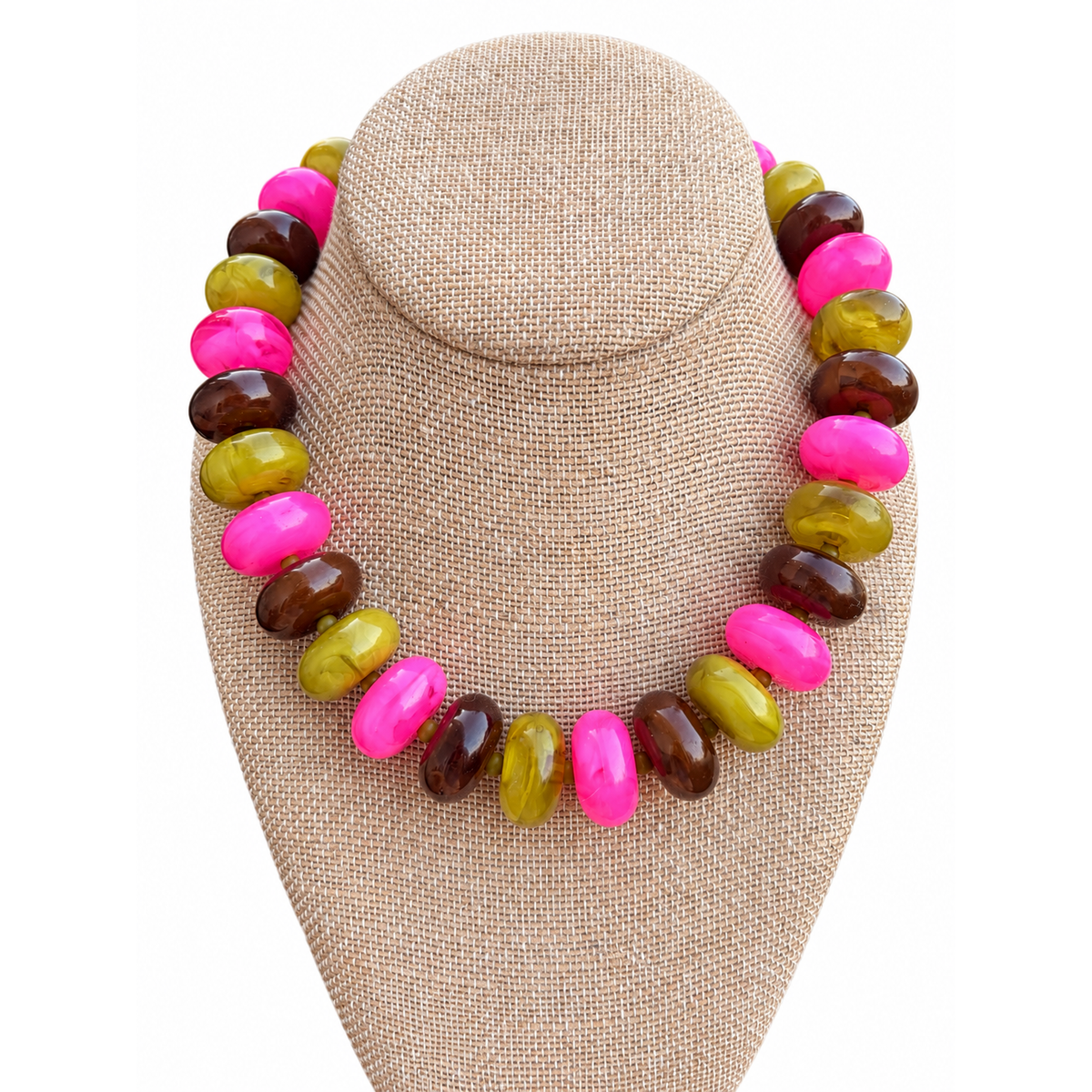Annie Ks Boutique The Pink Harvest Necklace featuring chunky glossy oval beads in hot pink, chocolate brown, and olive.