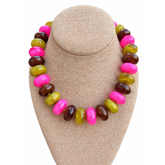 Annie Ks Boutique The Pink Harvest Necklace featuring chunky glossy oval beads in hot pink, chocolate brown, and olive.
