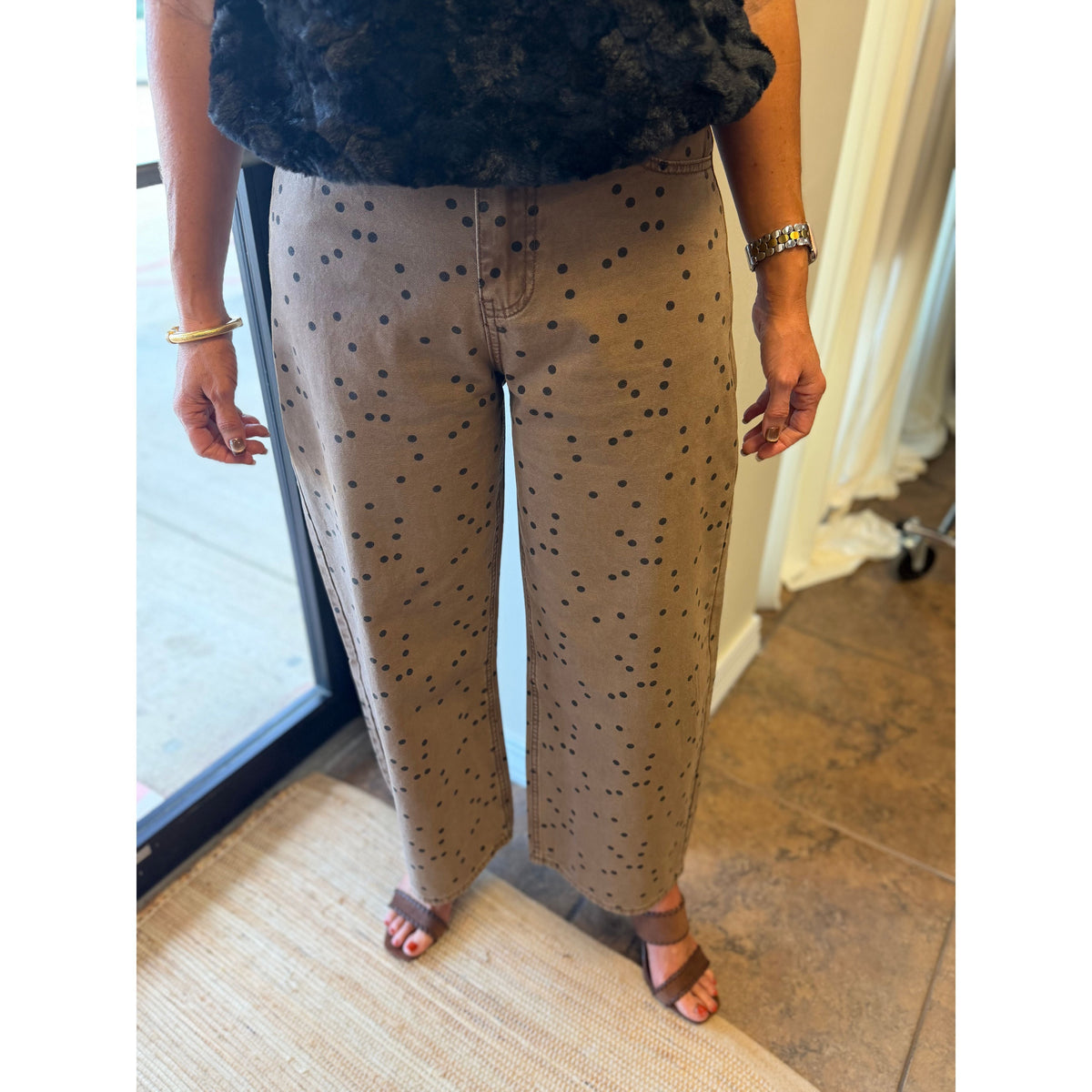 Annie Ks Boutique cocoa barrel pants with black polka dots in 100% cotton with a relaxed fit and tapered ankle