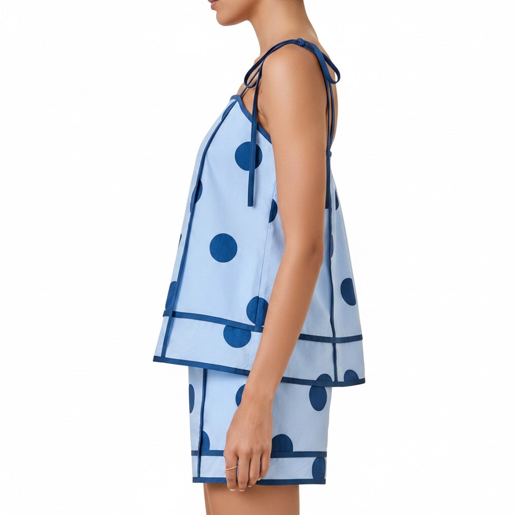 Annie Ks Boutique light blue polka dot swing cami and high-waisted shorts set with dark blue contrast trim