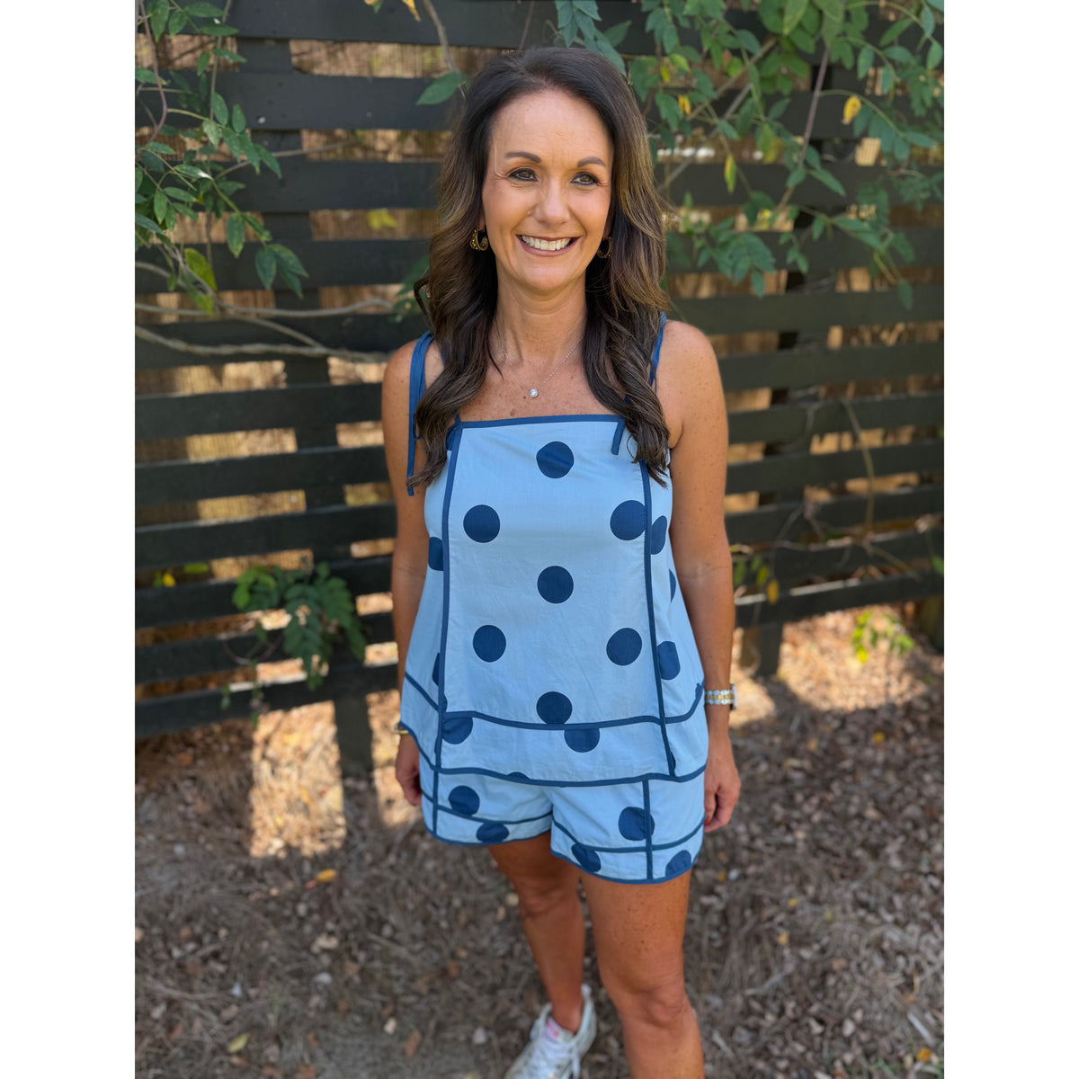 Annie Ks Boutique light blue polka dot swing cami and high-waisted shorts set with dark blue contrast trim