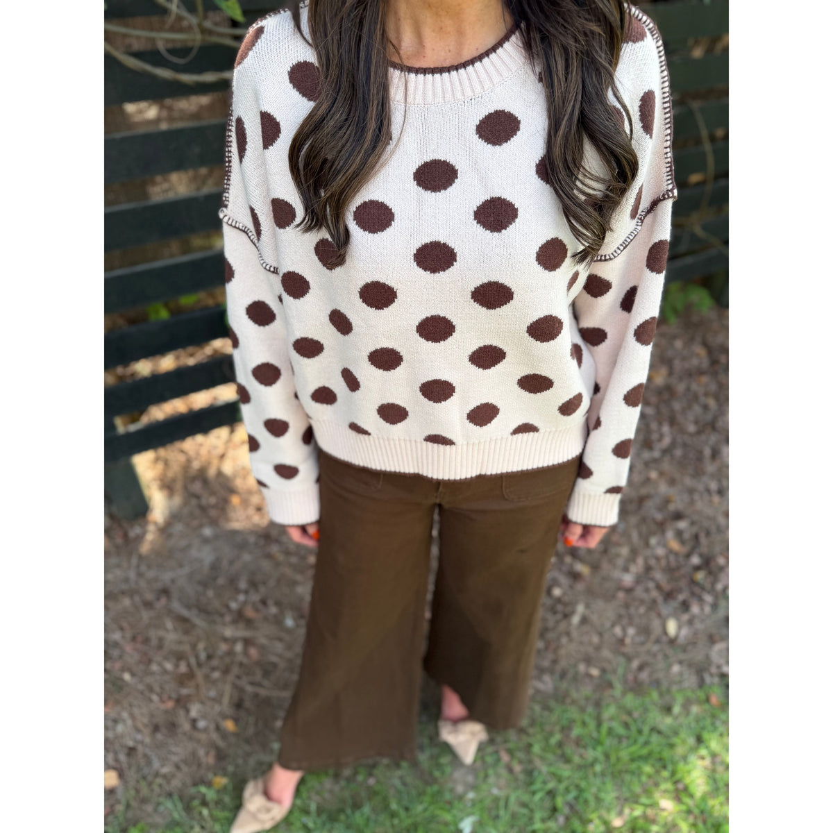 Annie Ks Boutique loose fit sweater in oatmeal and coffee polka dot knit with exposed seam detailing
