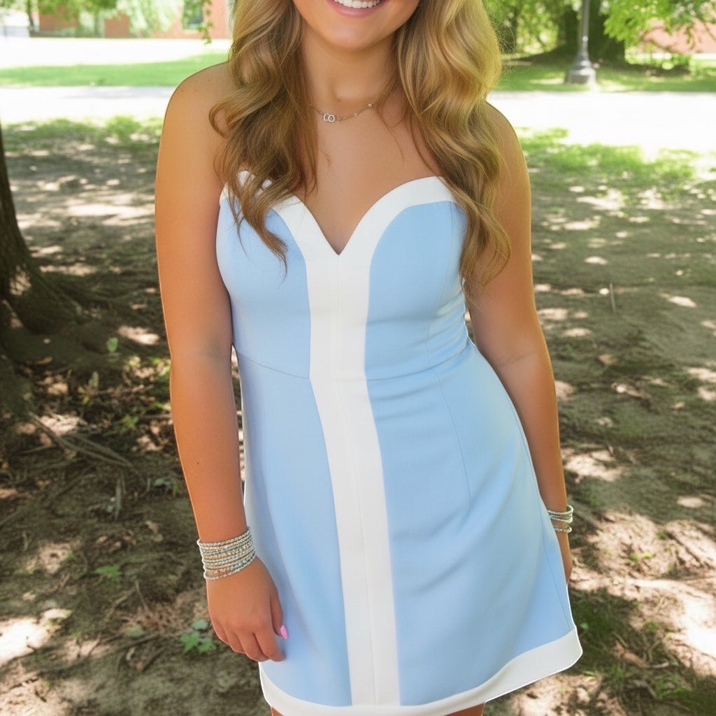 Annie Ks Boutique powder blue strapless romper dress with white color-block detailing and sweetheart neckline