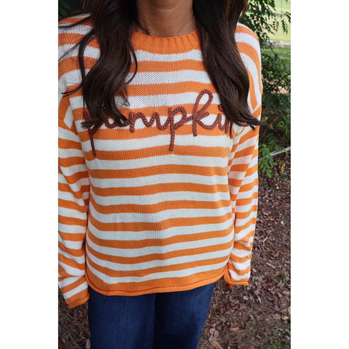 Annie Ks Boutique orange and ivory striped knit sweater with brown pumpkin script applique and ribbed crewneck