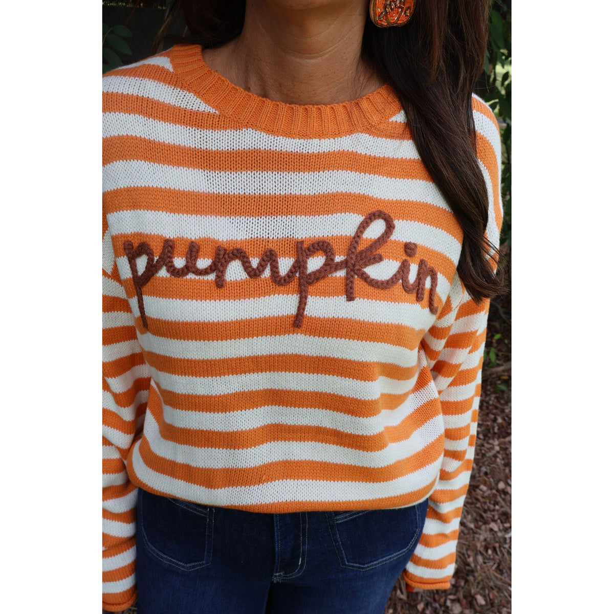 Annie Ks Boutique orange and ivory striped knit sweater with brown pumpkin script embroidery and ribbed crewneck