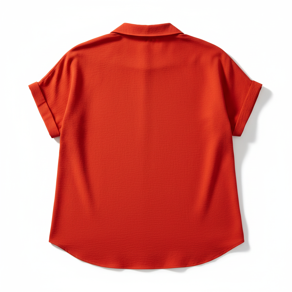 Annie Ks Boutique red short sleeve blouse with a collared V-neck, rolled cuffs, and a back pleat, back view.
