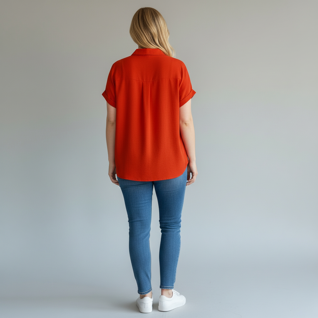 Annie Ks Boutique red short sleeve collared blouse with back pleat worn with blue jeans, back view