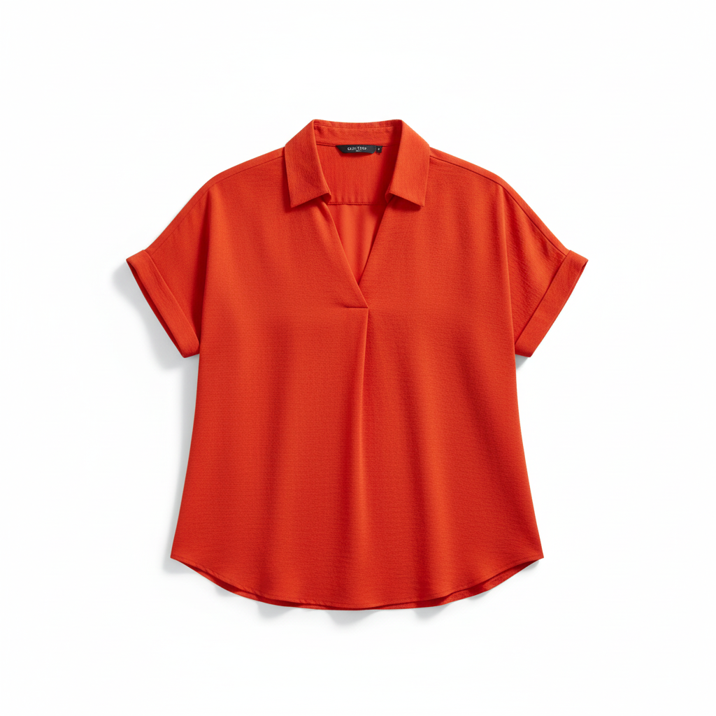 Annie Ks Boutique red woven blouse with a collared V-neckline, short sleeves with rolled cuffs, and a relaxed fit.